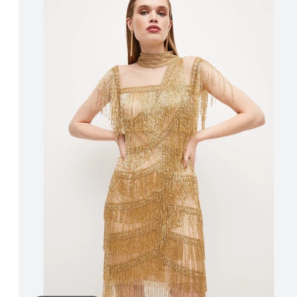 Karen Millen Gold Beaded Fringe Mini Dress Mock Neck Sheer Mesh Cocktail Sz 4‎